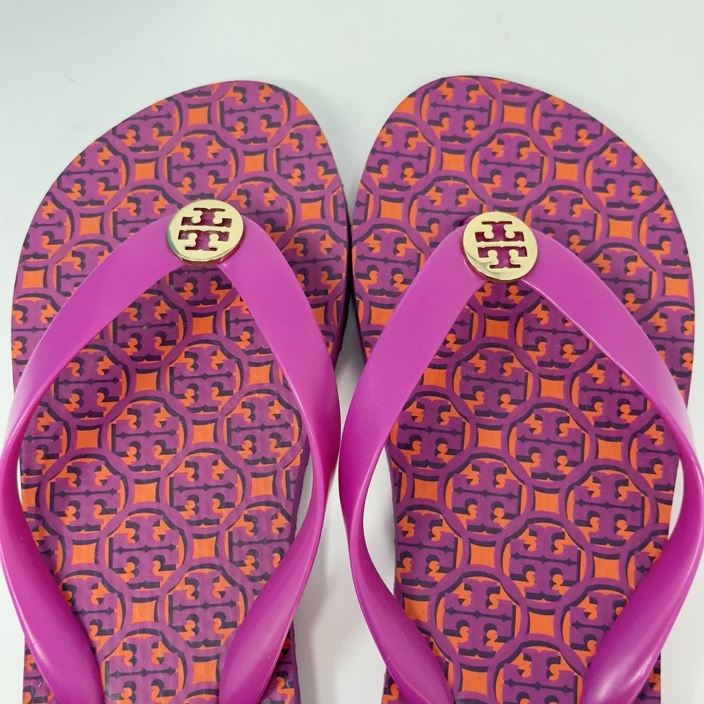 Tory Burch Thandie Logo Print Flip Flop Sandals Hot Pink Orange Womens 7